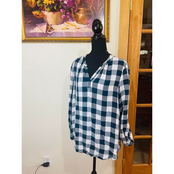 Time & Tru Turquoise Plaid V-Neck Custom Fall Graphic Blouse Size M 8-10 - Picture 3 of 10